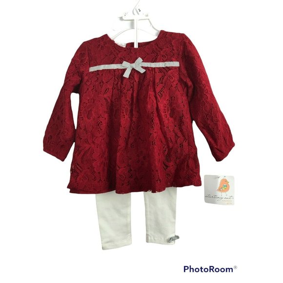 NWT Starting Out Baby Girl 2 piece‎ Holiday 9 months Red Lace Top White Leggings - Picture 1 of 9